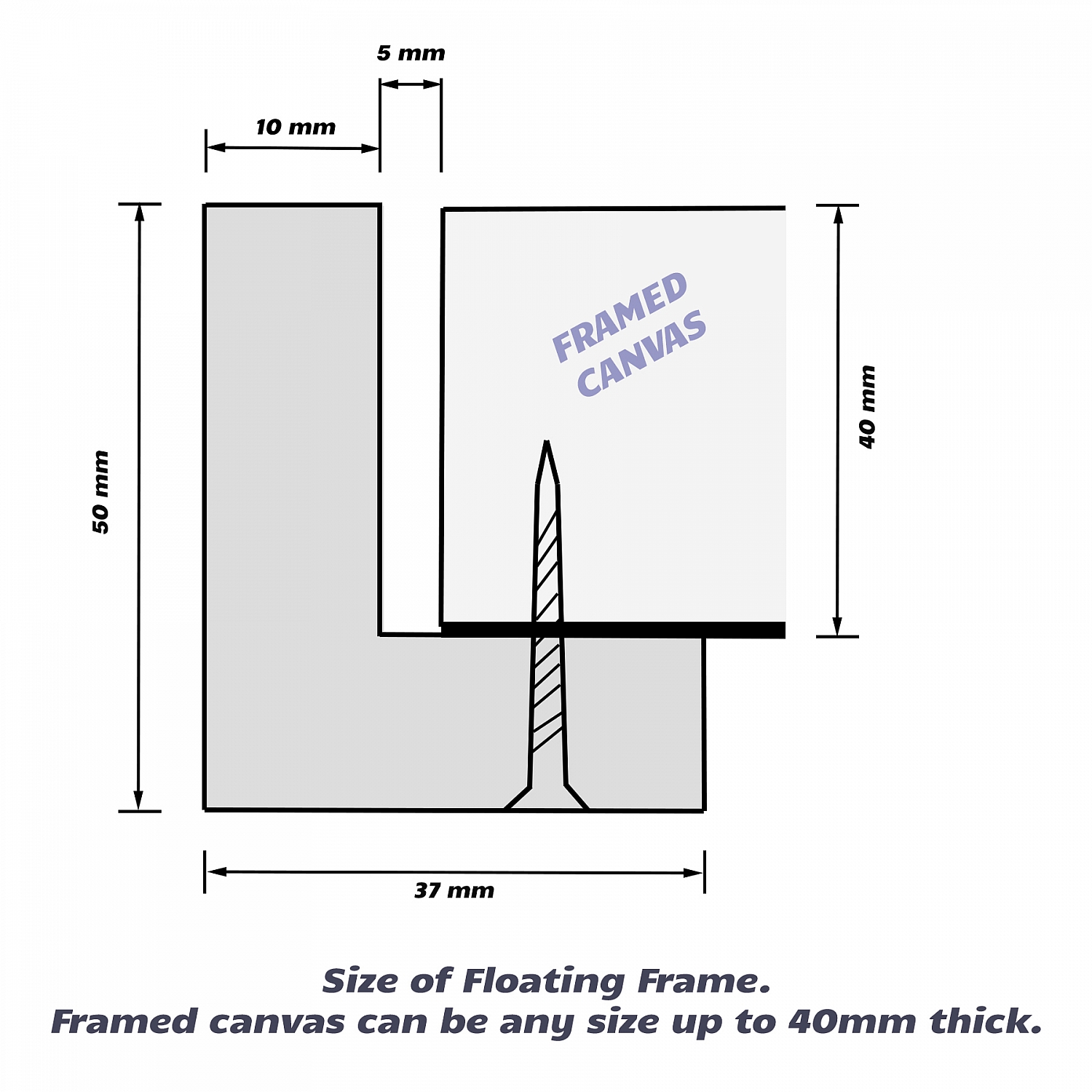 Vintage - Float Charcoal Moulding Frame (Shadow Box Frame), DIY Canvas kit | Drawing_for_floating_frame_with_40mm_canvas.jpg