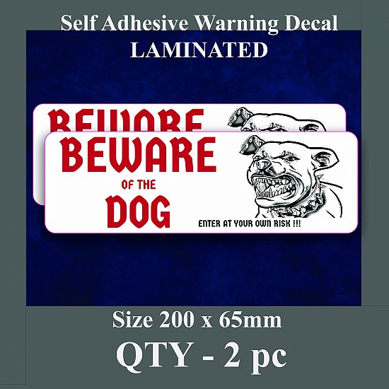 2x Beware Of The Dog Sign Sticker 200mm White Self Adhesive Warning Decal