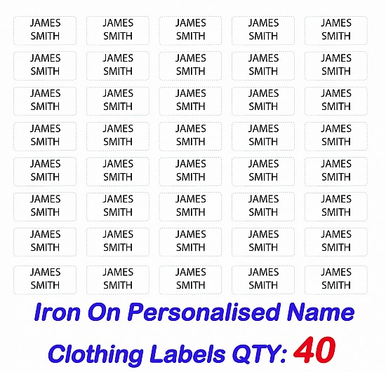 40 White Iron On Personalised Name Clothing Labels - (22*10mm)